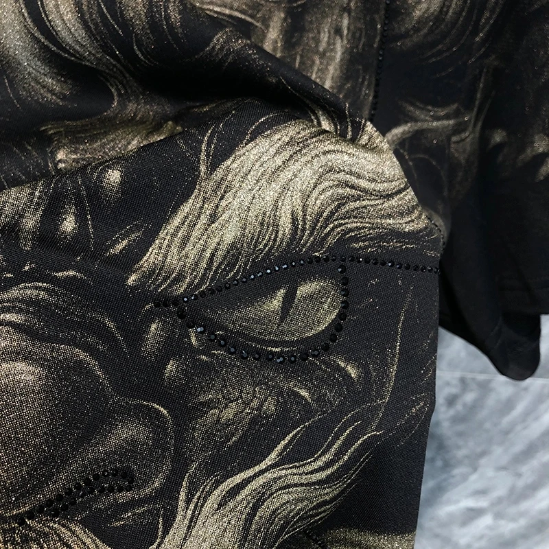

New Men's Top High-End Digital Hot Drilling Personality T-Shirt 100% Cotton Black Short Sleeve Fashion Exquisite Luxury Slim