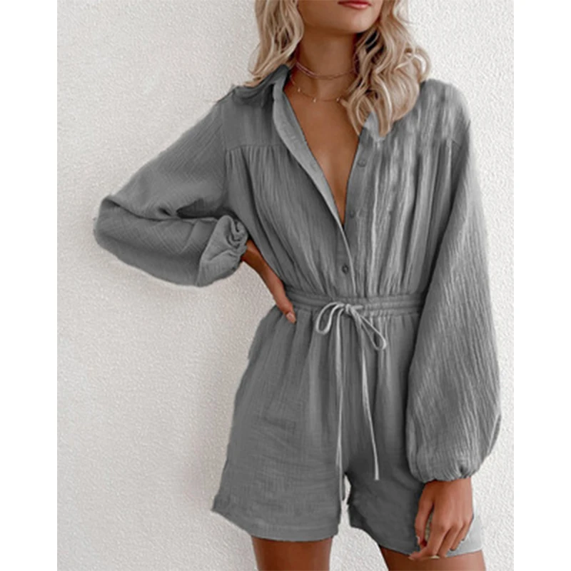 

Women Suit Pockets Waisted Single-Breasted Long-Sleeved Drawstring Cardigan Loose Ladies Jumpsuit Summer New Fashion Female Wear