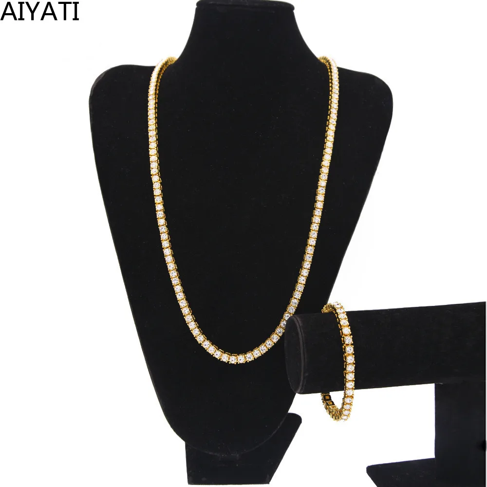 

Men's Hip Hop Golden Curb Cuban Link Chain Rhinestone Bracelet Necklace Fashion Jewelry Set Joias Naszyjniki Kомплект Yкрашений