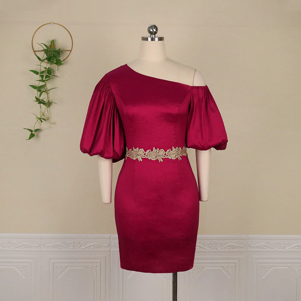 Женское платье с высокой талией однотонное в западном стиле рукавами-фонариками