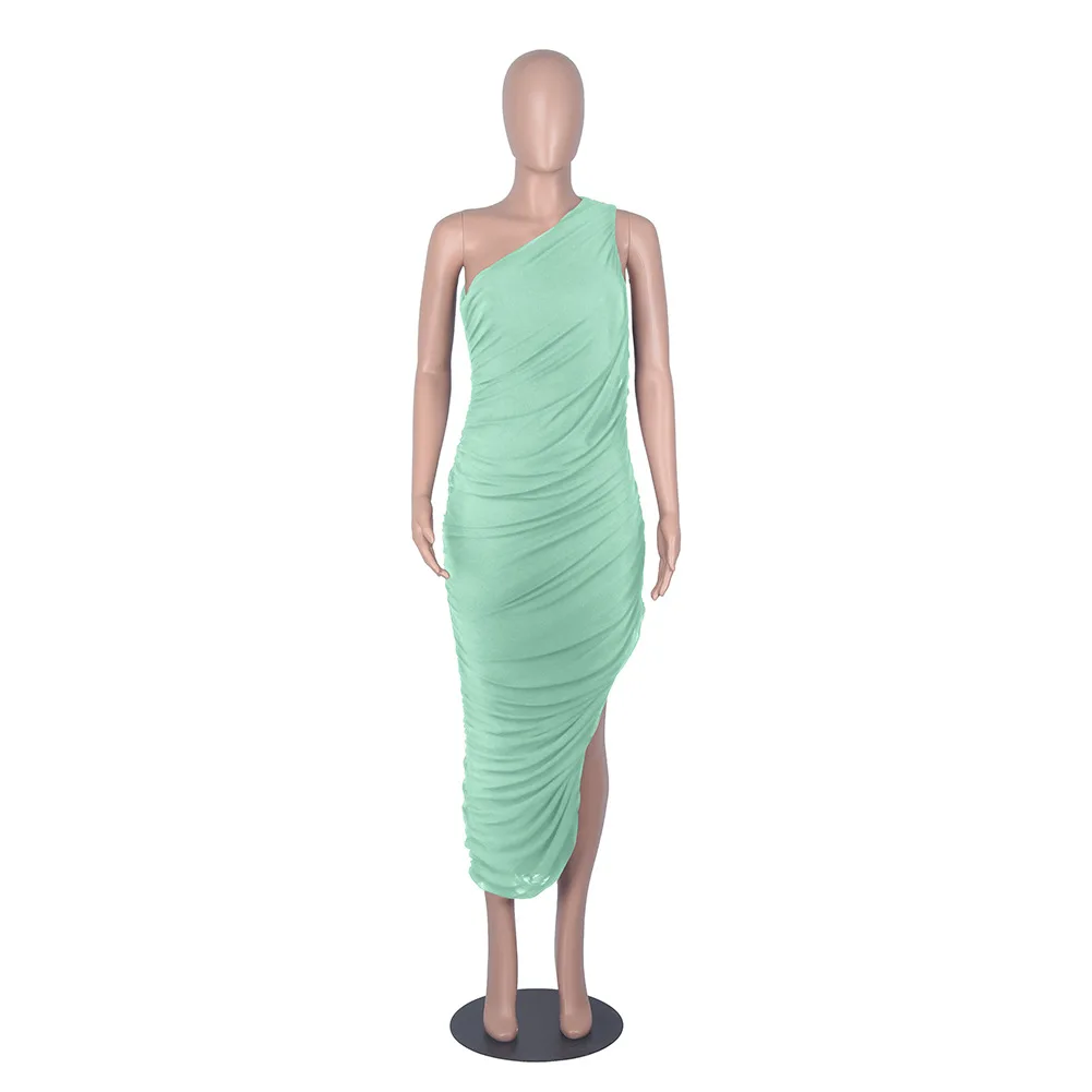 

Single Shoulder Mesh Bodycon Dress Women Sleeveless Slim Ruched Split Sexy Dresses Summer Solid Sleeveless Party Club Sexy Dress