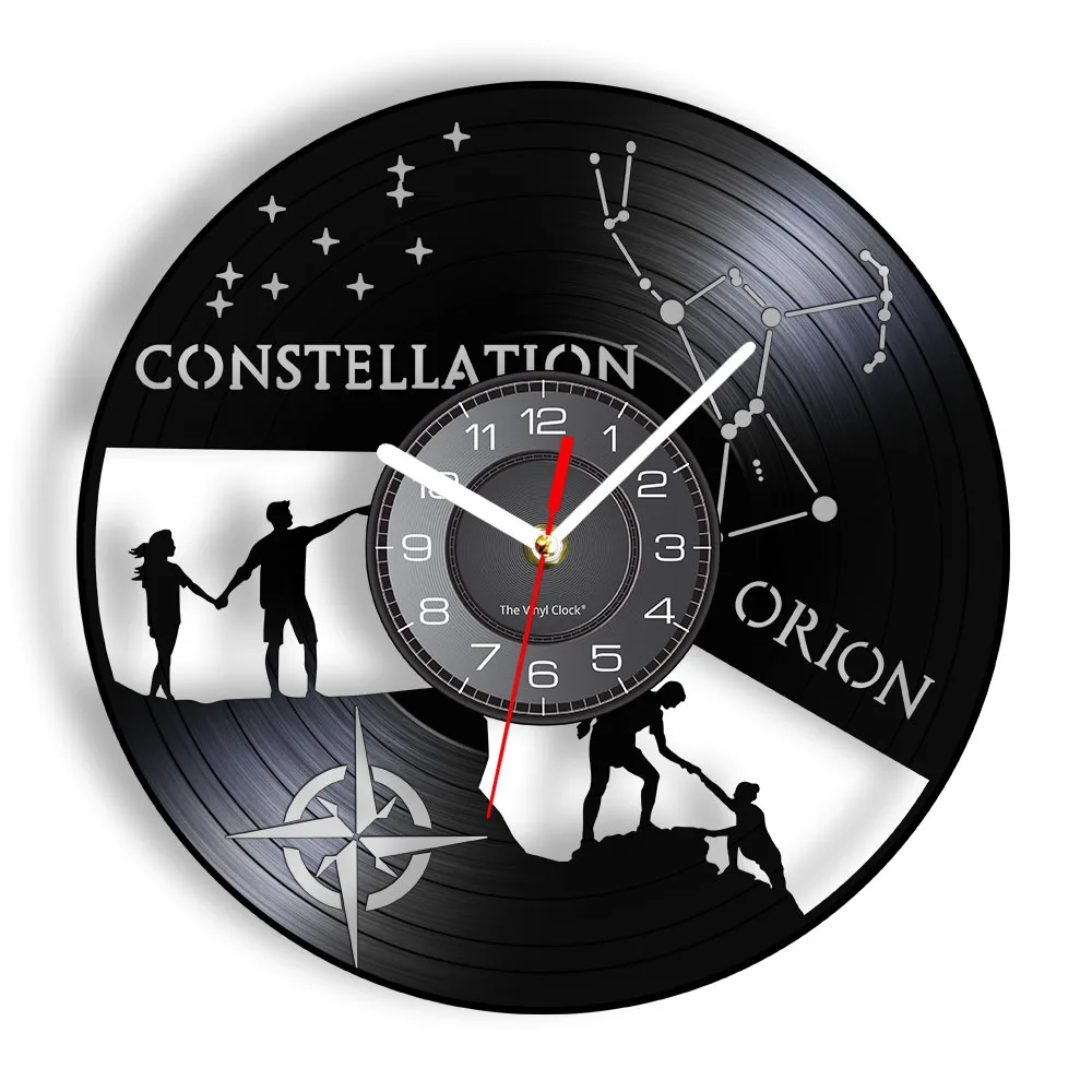 Constellation Orion Wall Clock Made Of Real Vinyl Record Zodiac Inspired Luminous Timepiece Romantic Starlit Night Artwork Decor