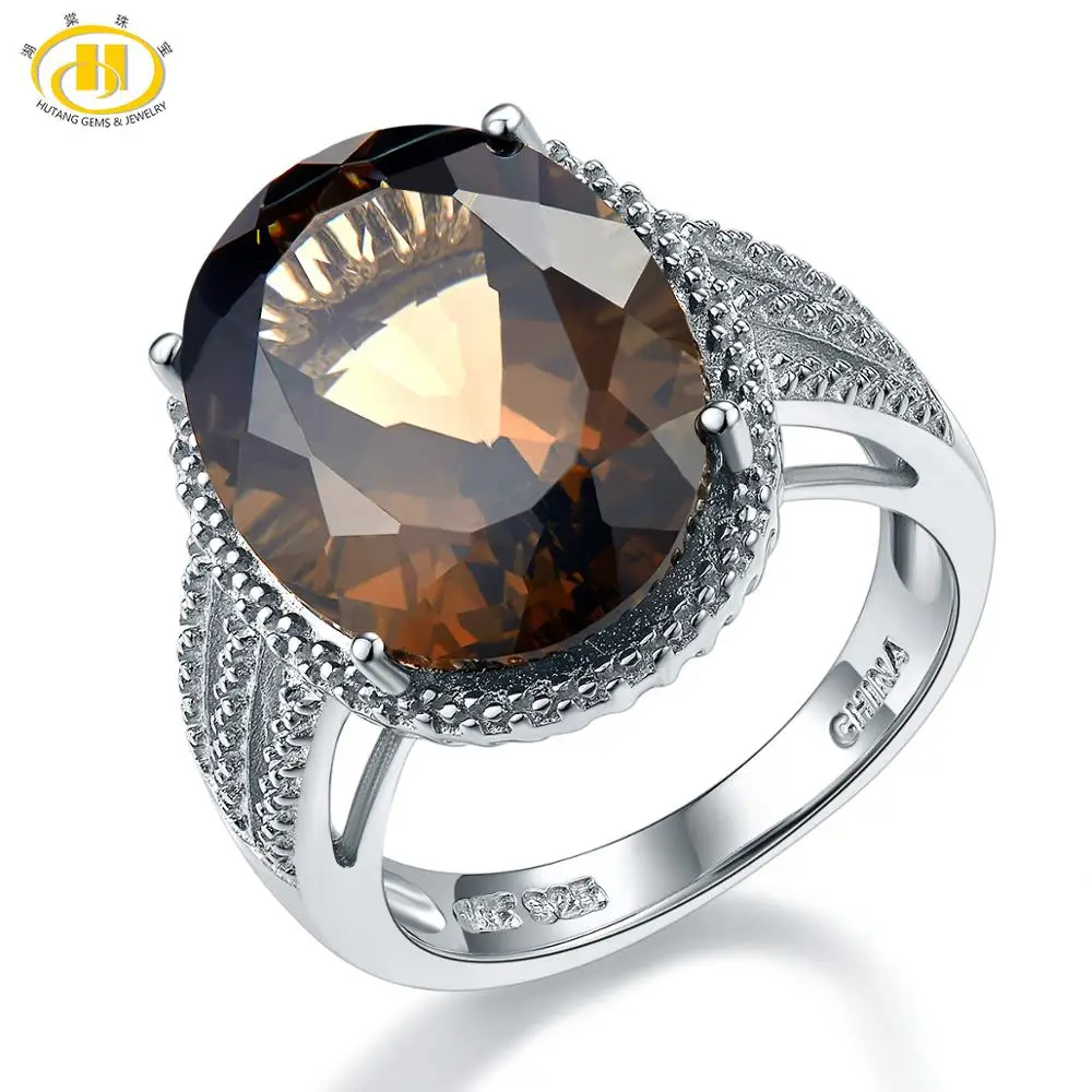 

HUTANG Wedding Rings 8.3ct Natural Smoky Quartz Solid 925 Sterling Silver Cocktail Ring Gemstone Fine for Women's Girls Gift New