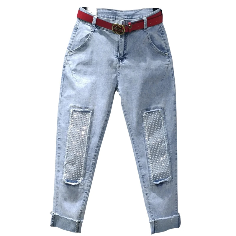 

High-waist Ripped Jeans for Women 2020 Spring Hot Drilling Diamond Jeans Trousers Female Loose-Fit Harem Pants Blue Jean