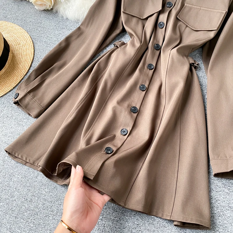 

Women's autumn dress 2020 fashion solid turn down collar long sleeve single breasted slim a-line casual female short dress