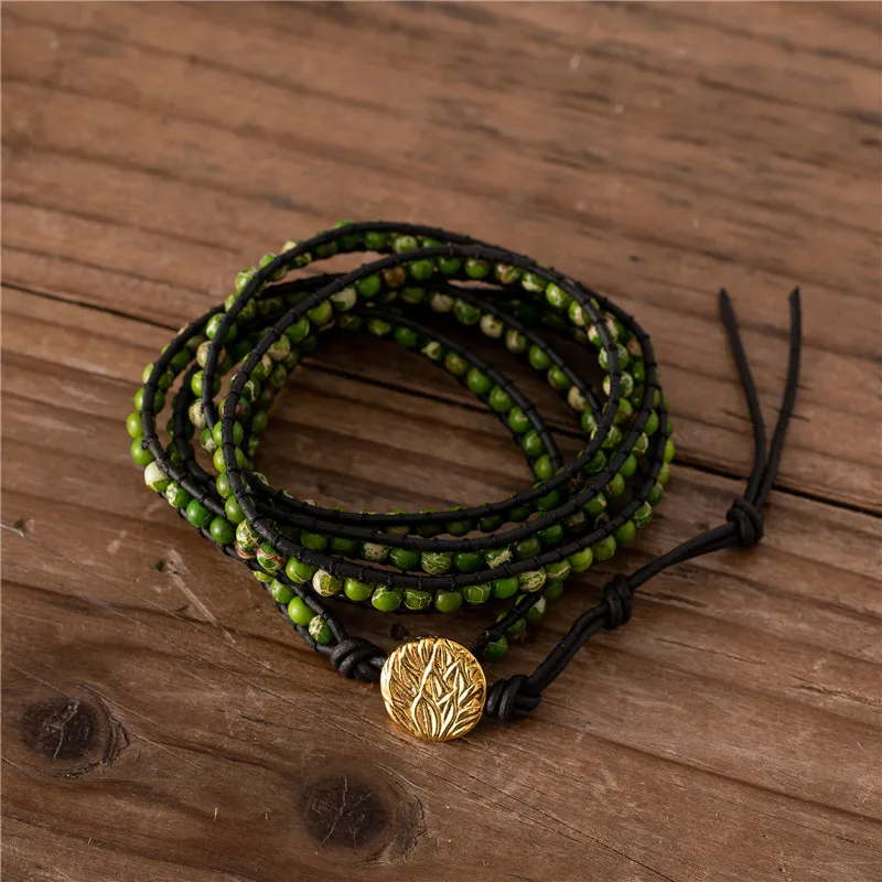 

Handmade 5 Rows Leather Wrap Bracelet BOHO Green Imperial Jaspers Beads Bracelet Art Weaving Vintage Jewelry Gift Dropshipping