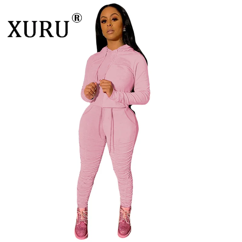 

Женский трикотажный комбинезон XURU, осенне-зимний костюм с длинными рукавами, с капюшоном и брюками
