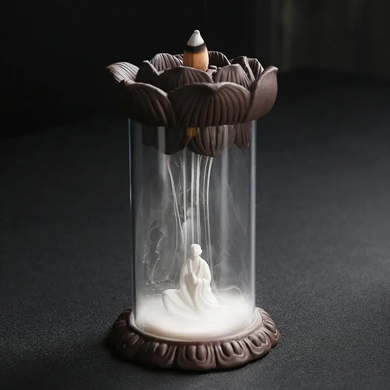 

Sun Wukong Ceramic Incense Burner Lotus Smoke Waterfall Incense Burner Buddha Censer With Clear Cover Aromatic Zen Home Decor