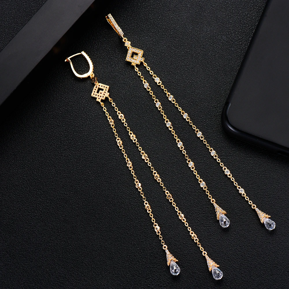 

LARRAURI Luxury Trendy Long Tassels Earrings Fashion Jewelry Mirco Paved Cubic Zirconia Engagement Wedding Drop Earrings