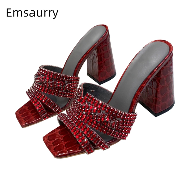 

Luxury Rhinestone Women's Sandals 2022 Genuine Leather Chunky Heel Stone Grain Fretwork Square Toe Slingbacks Mules Lady Summer