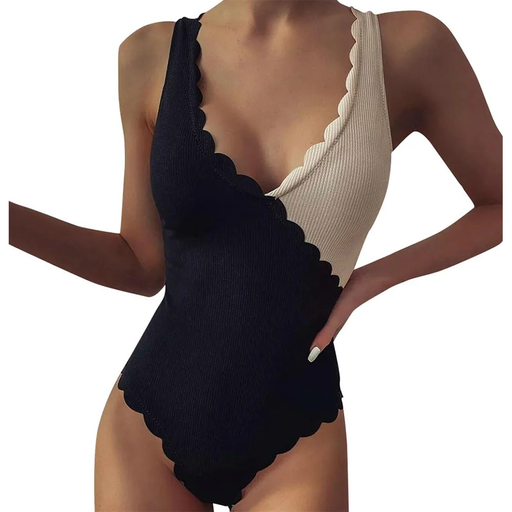 

Летний Монокини, цельные костюмы, женский слитный бикини с V-образным вырезом и цветными блоками, сексуальный купальник, облегающий купальн...