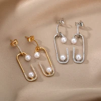 simulated pearl earrings for women zircon crystal paper clip shape earrings big geometric dangle drop earrings gothic jewelry