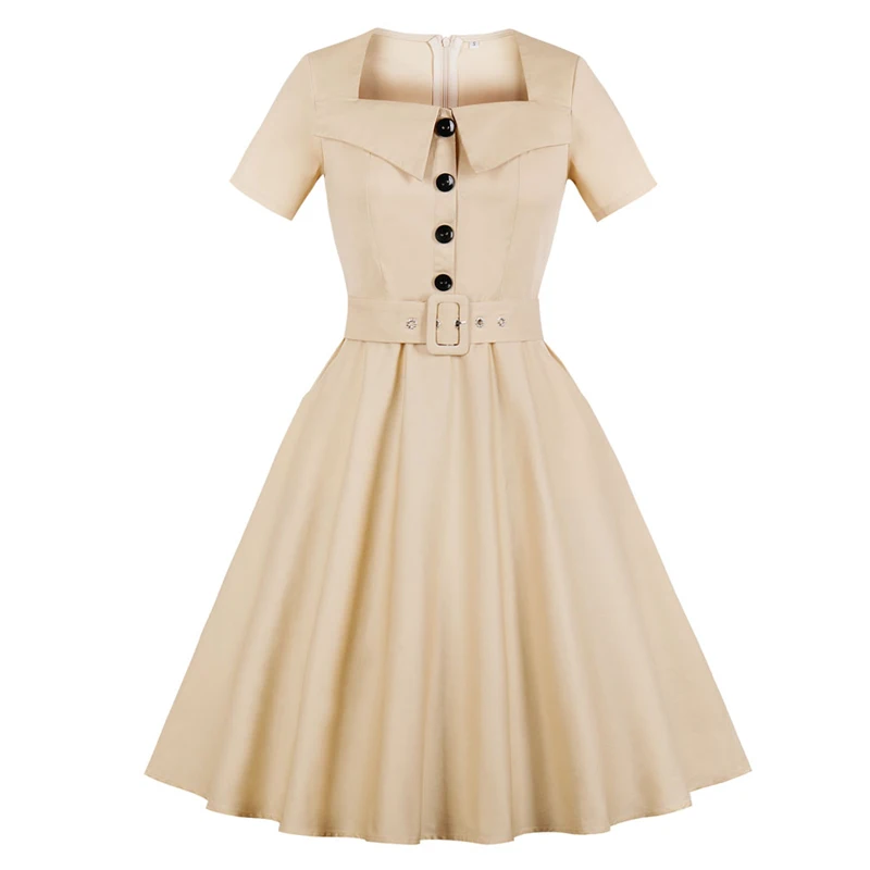Apricot Tonval Pin Up женское платье с квадратным воротником и пуговицами спереди и поясом 1950s рокабилли с коротким рукавом и карманом, элегантные однотонные винтажные платья - Color: Apricot