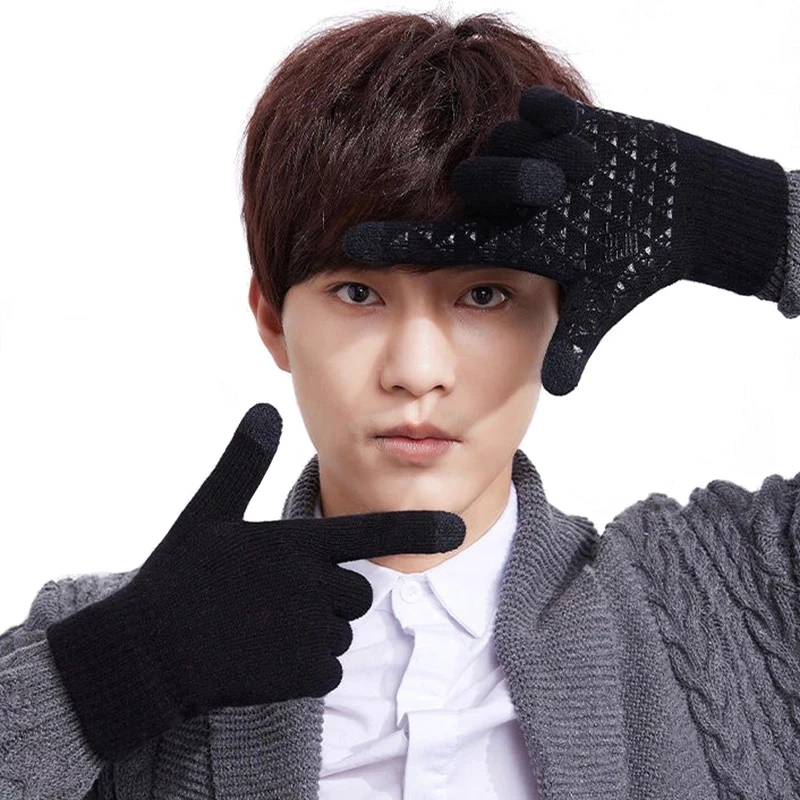 

Winter Men Knitted Gloves Touch Screen Non-slip Rubber High Quality Male Gloves Thicken Warm Gloves Autumn Men Mittens