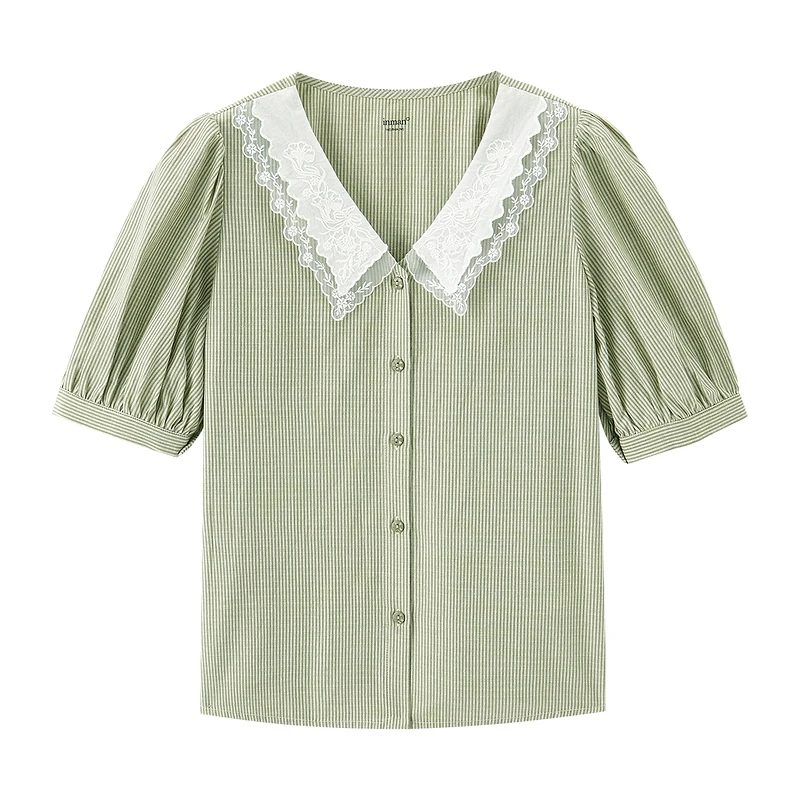 

INMAN Stripped Blouse Artsy Vintage Guaze Turn Down Collar Women Summer Short Lantern Sleeve Tops Shirt