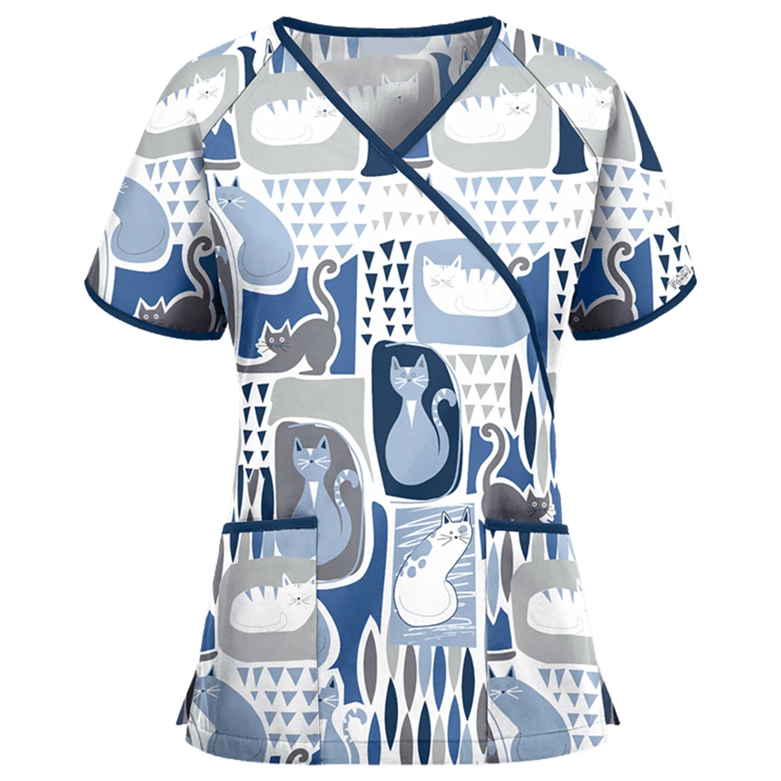 

Fashion Women V-neck Short Sleeve Tops Pocket Shirt Working Uniform Blouse Cute Kinds of Animal Women's Blouse Top Fast Ship