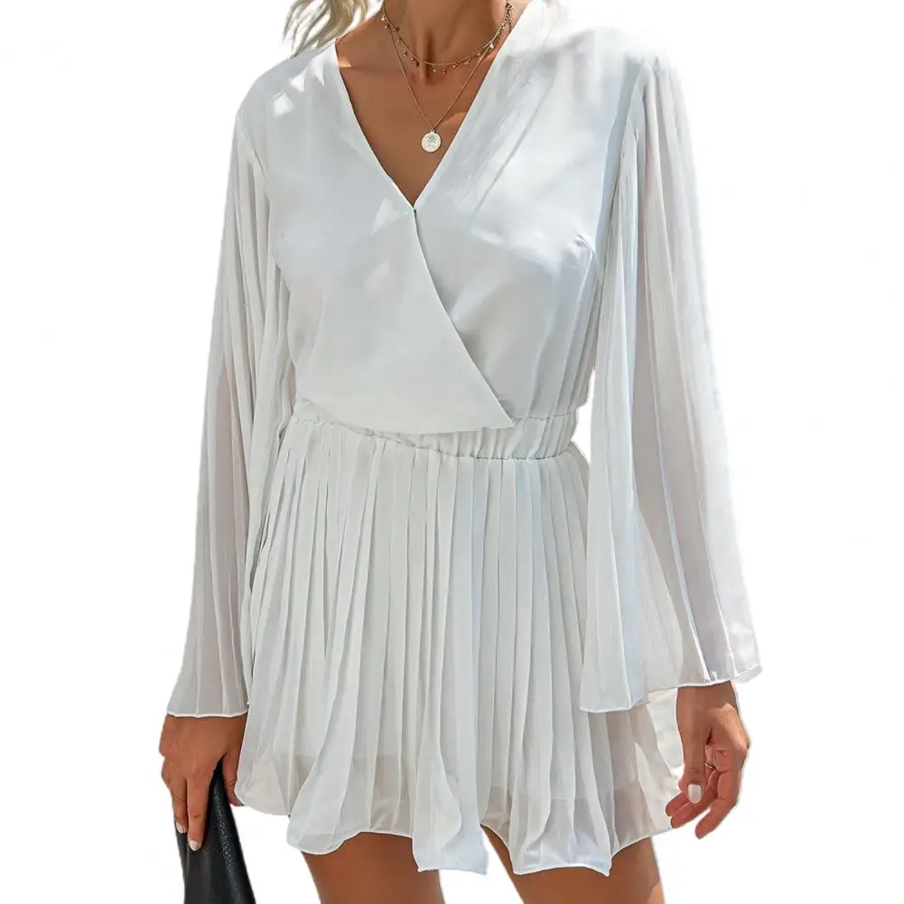 

Women Solid Color Long Sleeve Front Wrap V Neck Romper Jumpsuit Pleated Playsuit