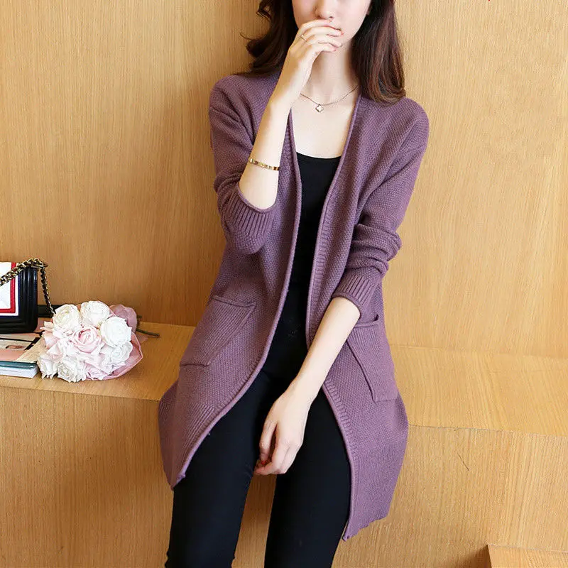 

Women Autumn V-Neck Long Sleeve Loose Casual Cardigan Sweater Female with Pockets Solid Knitted Cardigan Mid-length Outwear Y844