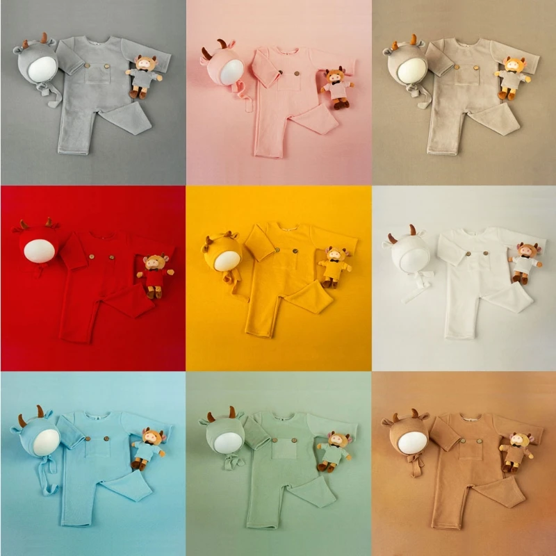 

2021 Newborn Photography Props Suit Ox Year Jumpsuit Hat Cow Doll Infant Outfits QX2D