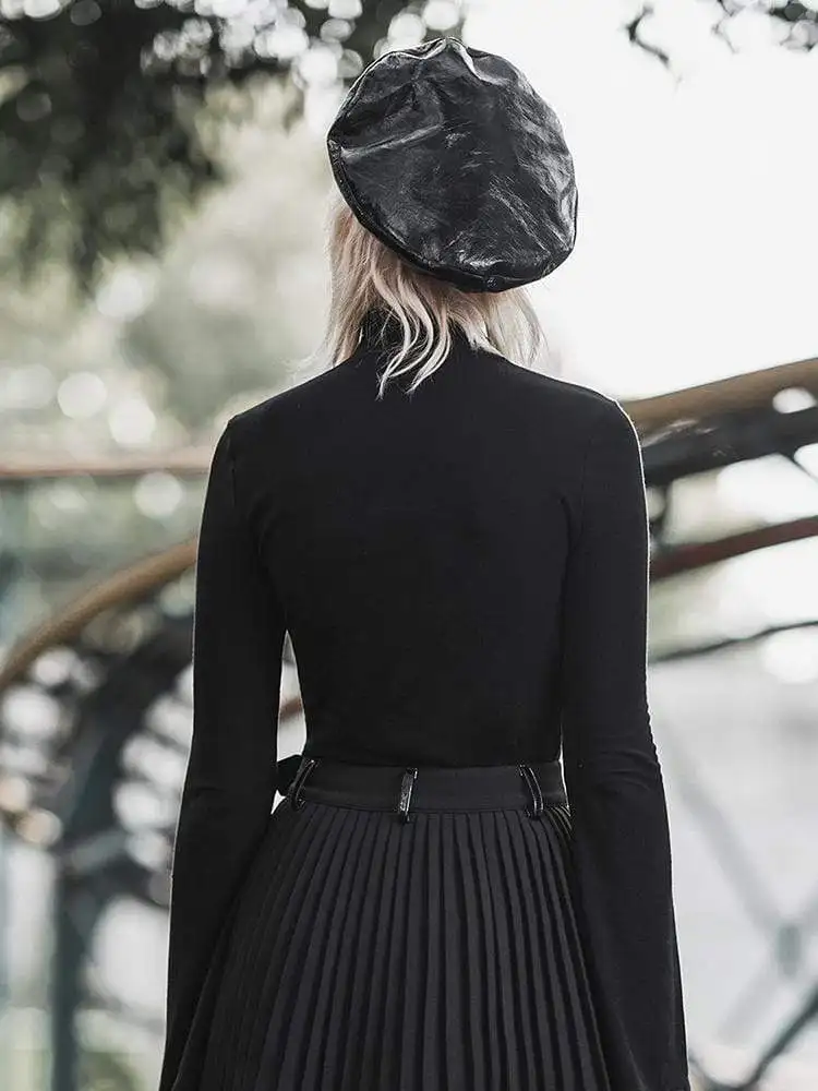 Панк рейв Женская высокая шея пряжки с расклешенными рукавами футболки PT