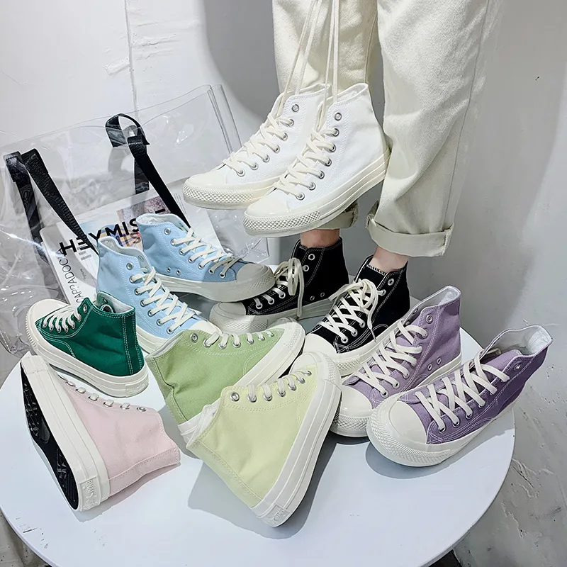

Girl Canvas Shoes Solid Color Sky Blue Sneakers High Top Gumshoes All Match Basic Concise Casual Leisure Shoes Autumn Summer