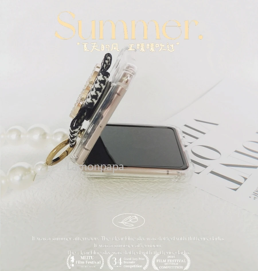 mirror case for samsung galaxy z flip 5g case with pearl chain wristband vintage bow shockproof shell for samsung z flip case free global shipping