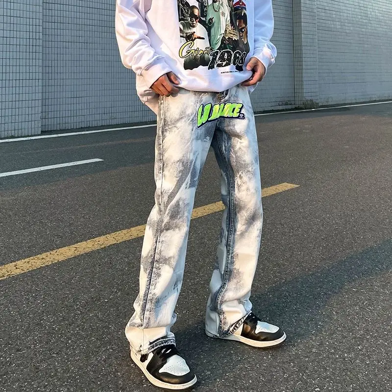 Джинсы мужские с вышивкой, винтажные брюки в американском стиле, с вареным узором, снежинками, Модные свободные прямые штаны в стиле хип-хоп