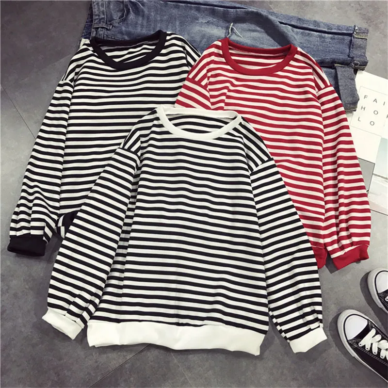 

Spring Autumn Korean Sweet Sweatshirts Women Casual Loose O Neck Striped Long Sleeve Hoodies Female Cute Basic Sweatshirt Top
