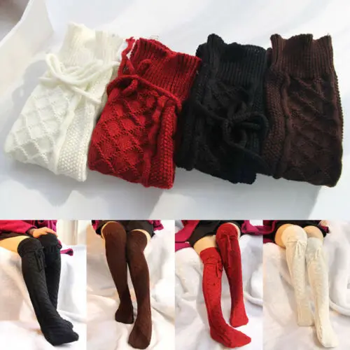 

Women Winter Stockings Thigh Lace Up Long Cable Knitted High Over The Knee Socks