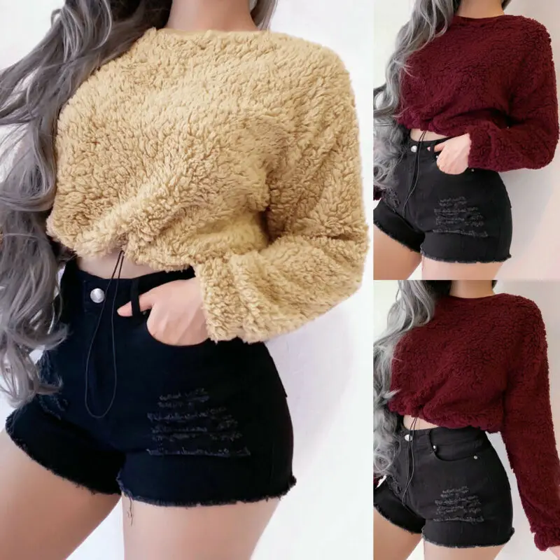 Модные Женские однотонные пушистые толстовки с длинными рукавами мишкой Тедди