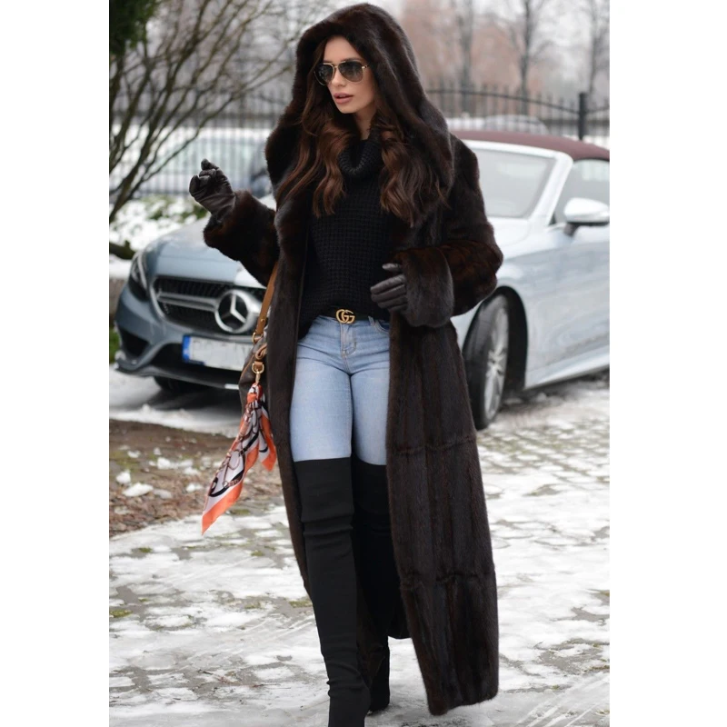BFFUR Winter Fur Coat Women 120 cm Long Real Mink Fur Coats With Big Hood Natural Mink Fur Jackets Luxury Overcoats Plus Size