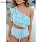 Комплект бикини на одно плечо, женский купальник из двух частей в полоску, новинка 2022, сексуальный купальник с оборками, женский пляжный купальный костюм, купальный костюм