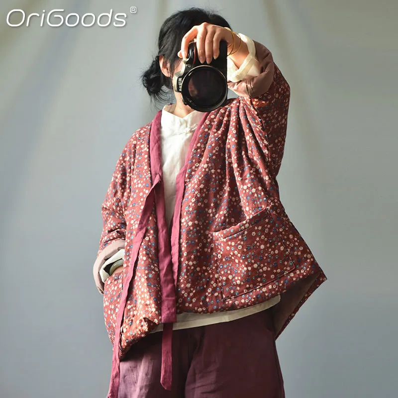 

OriGoods Oversized Winter Jackets Women Cotton Chinese National Style Thick Warm Coats Oversize Style Kimono Outerwear F036