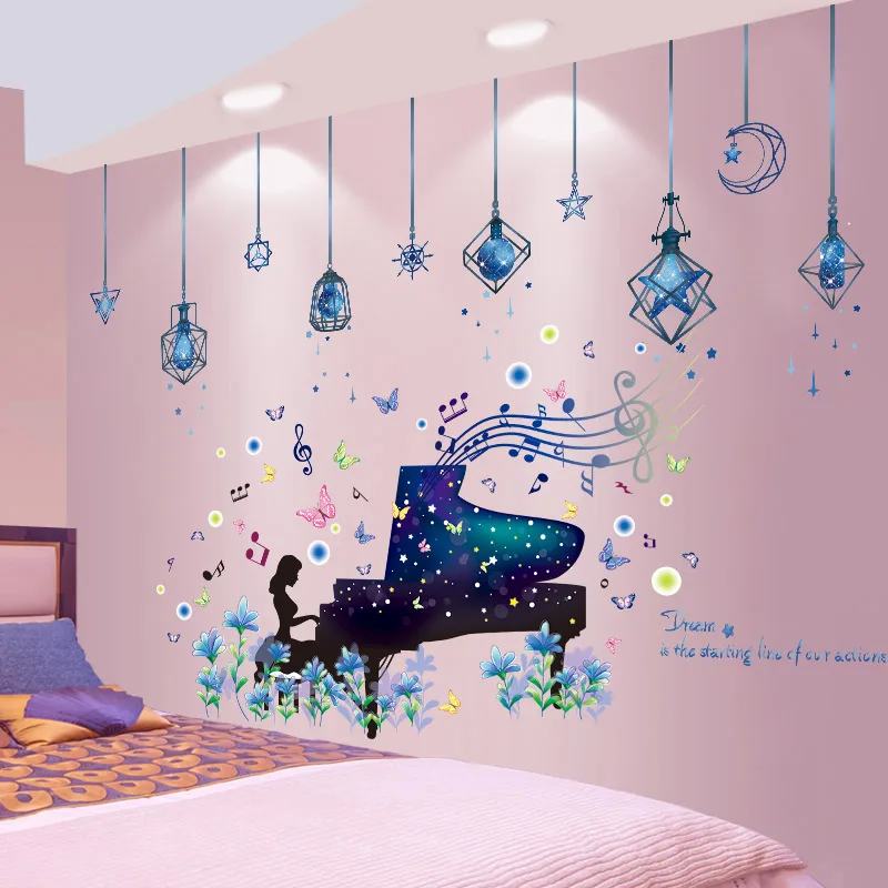

[shijuekongjian] Chandeliers Lights Wall Stickers DIY Piano Girl Mural Decals for Living Room Kids Bedroom House Decoration