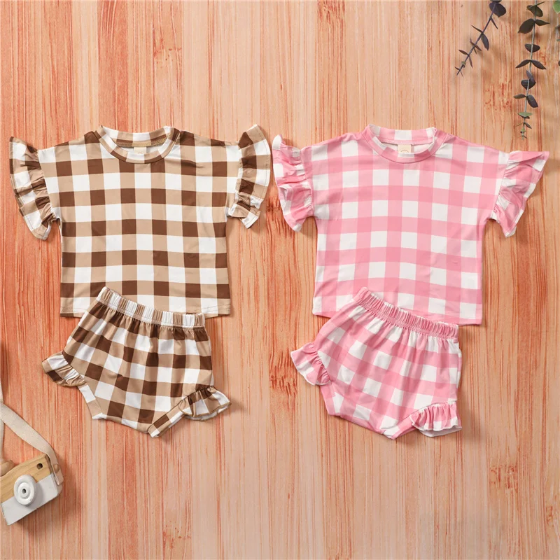 

2Pcs 0-18Month Newborn Baby Girls Plaid Clothes Sets,Summer Cotton Breathable Toddler Summer Ruffle Sleeve O-Neck T-shirt+Shorts