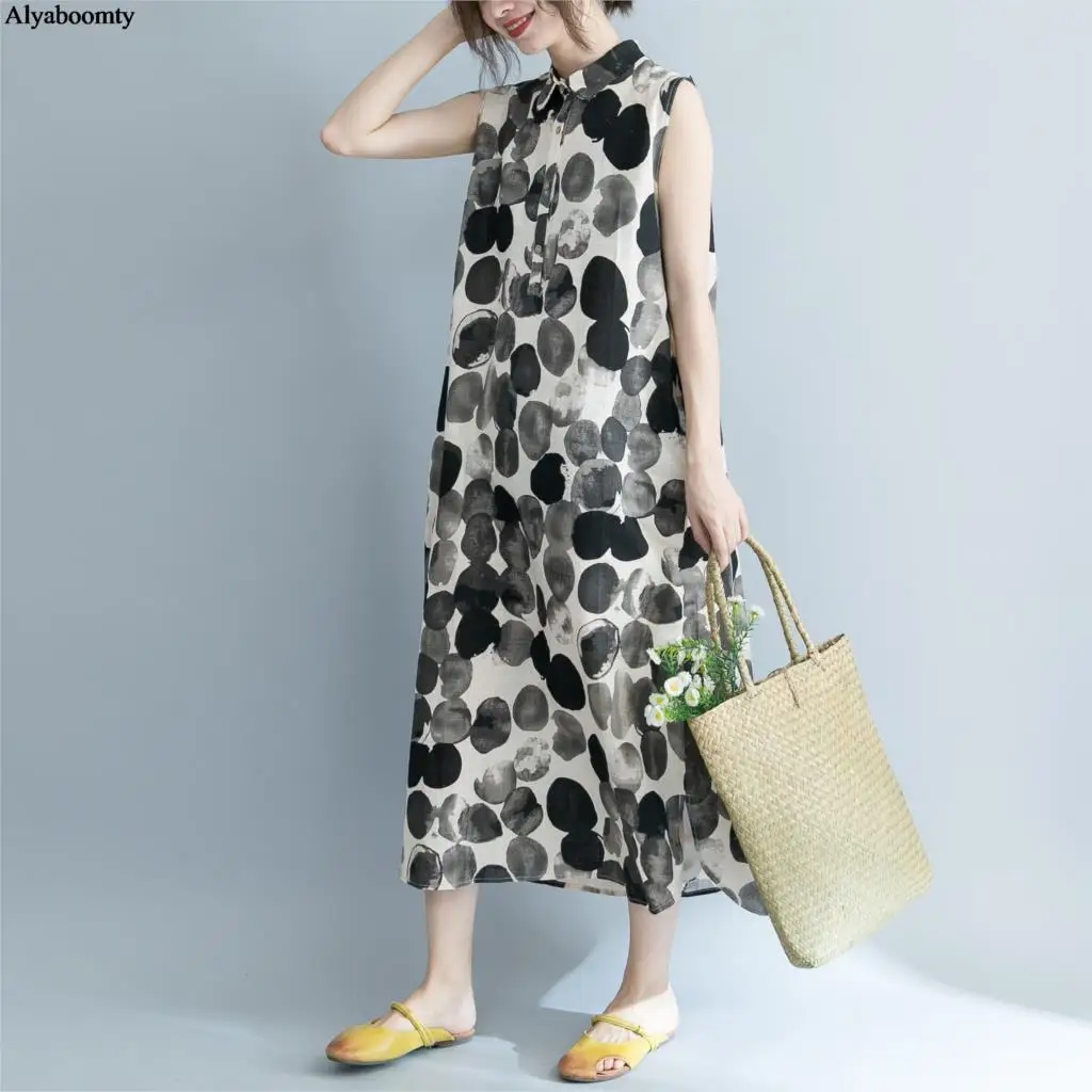 Размера плюс Летняя женская миди Открытое платье без рукавов из хлопка и льна с