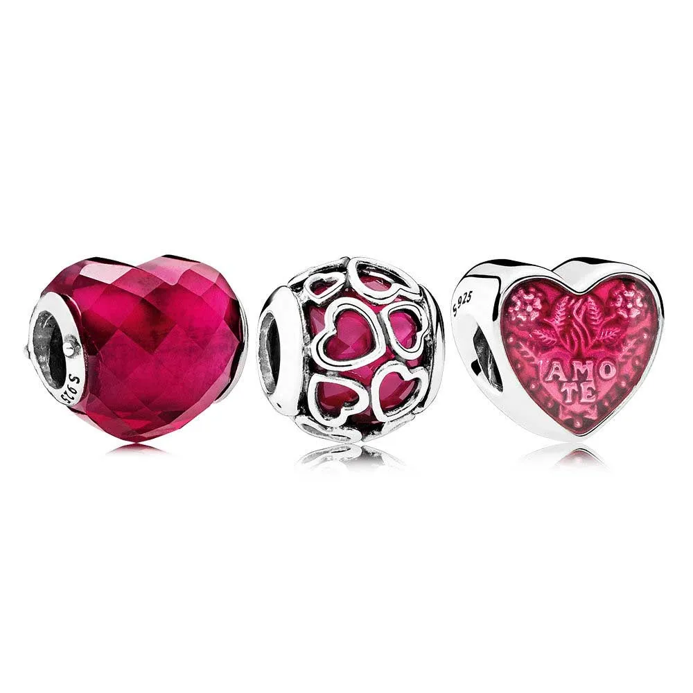 

NEW 100% 925 Sterling Silver Lucky In Love Fuchsia Charm Pack Bead Fit European Women Original DIY Bracelets Set Jewelry Gift