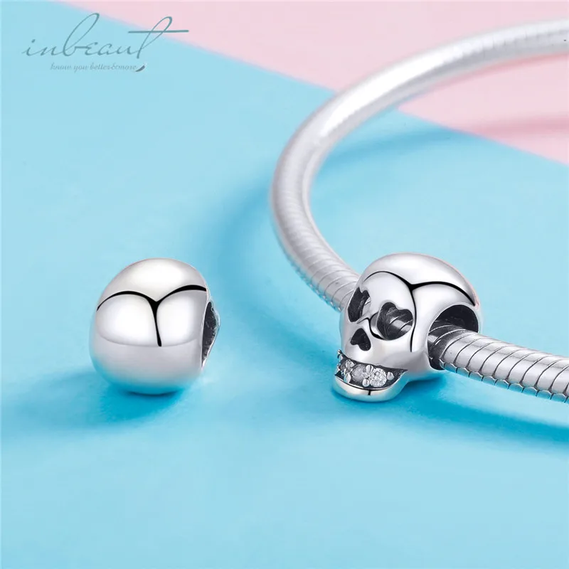 S925 стерлингового серебра fit Pandora браслет Хэллоуин бусины-черепа 925 Белые циркониевые зубы подвески-талисманы со скелетами для цепи DIY ювелирные изделия