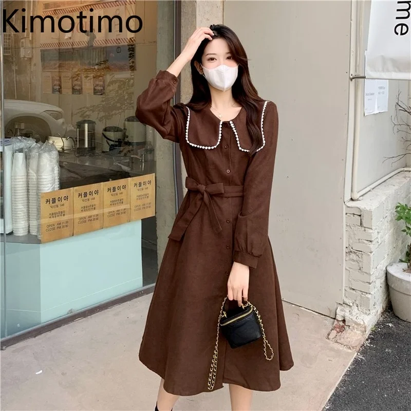 

Женское вельветовое платье Kimotimo, сезон осень-зима 2021, темпераментное платье с матросским воротником, длинным рукавом и поясом, длинные плат...