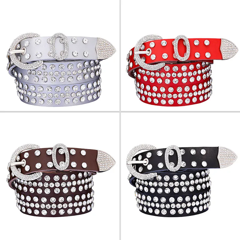 Fashion genuine leather rhinestone belts for women Luxury shining silver ring Pin Buckle belt female jeans strap width 2.8 cm