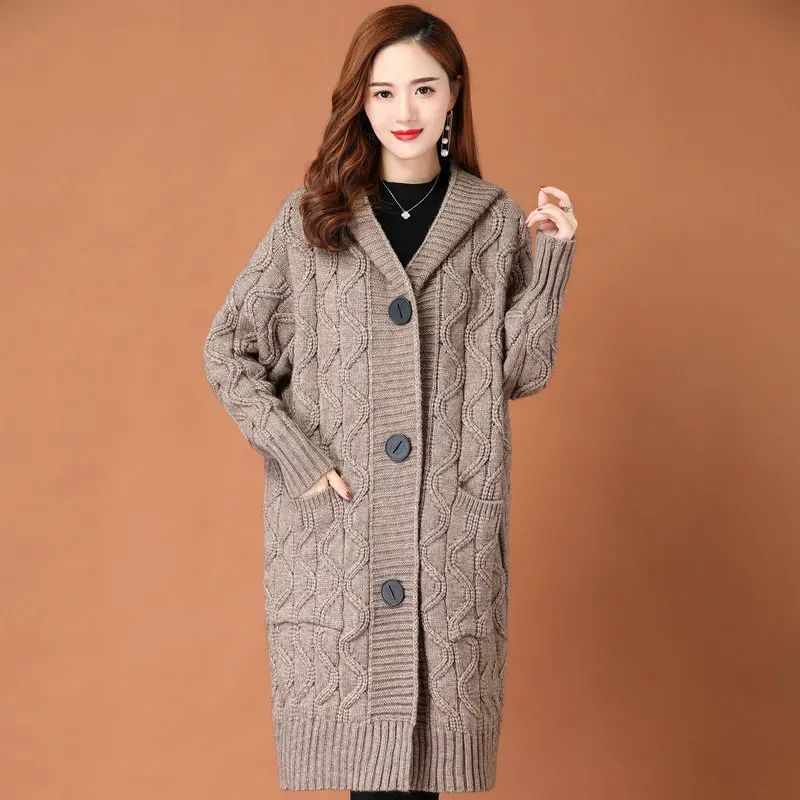 Autumn Winter Women Cozy Wool Hooded Cardigan Sweater Dark Red Camel Single-Breasted Bulky Rib Fabric Knitwear Cable-Knit Coat