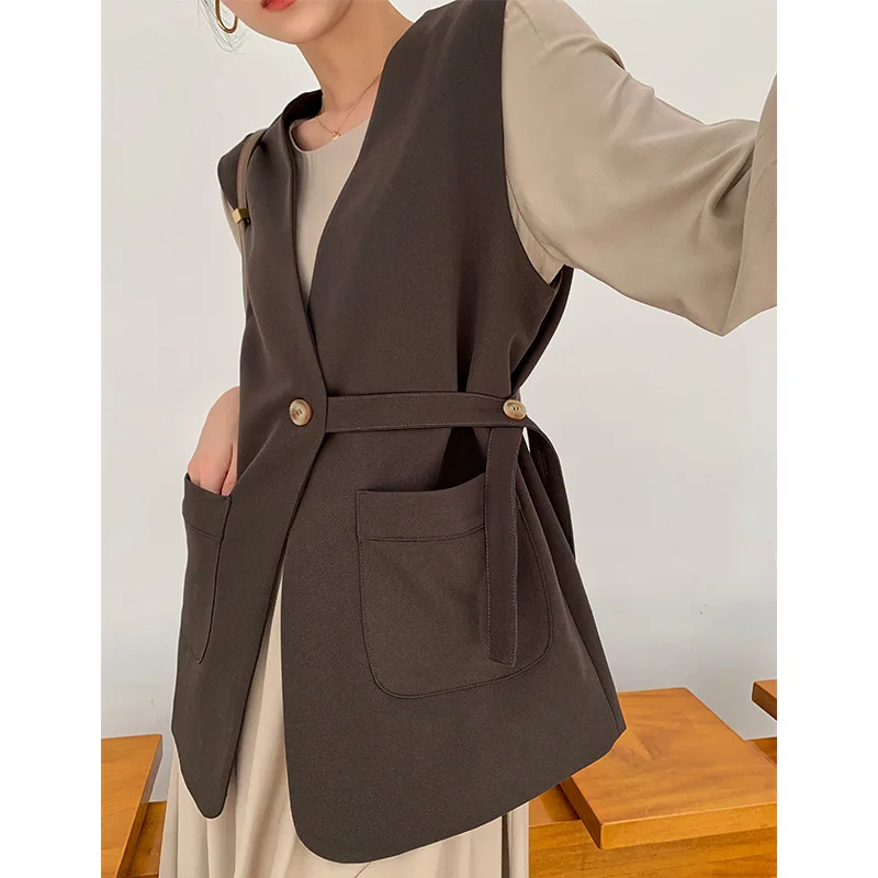 

Spring Autumn New Slim Woman V-Neck Sleeveless Vest Suits Waistcoats Solid Color Button Blazer Jacket Ladies Outwear