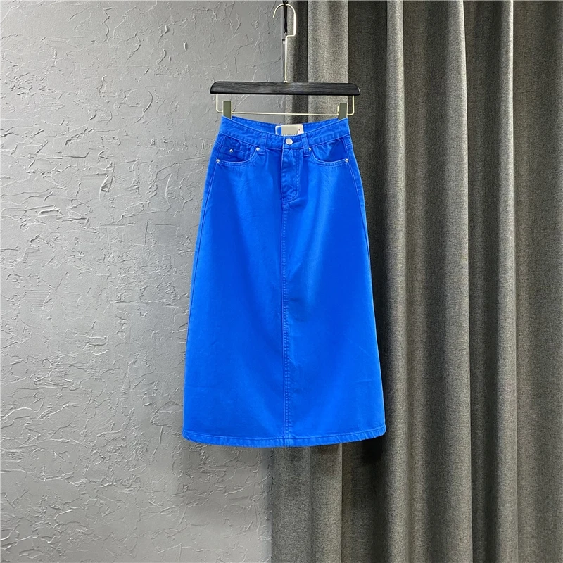 2021 new Korean women's high waist medium length dark blue straight skirt with buttocks, foreign style denim skirt, summer dress