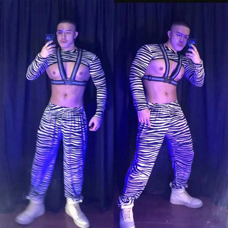 

Bar Nightclub DJ Gogo Costume Sexy Zebra Pattern Suit Half Top Pants Men Stage Pole Dance Clothing Clubwear Rave Outfit XS3053