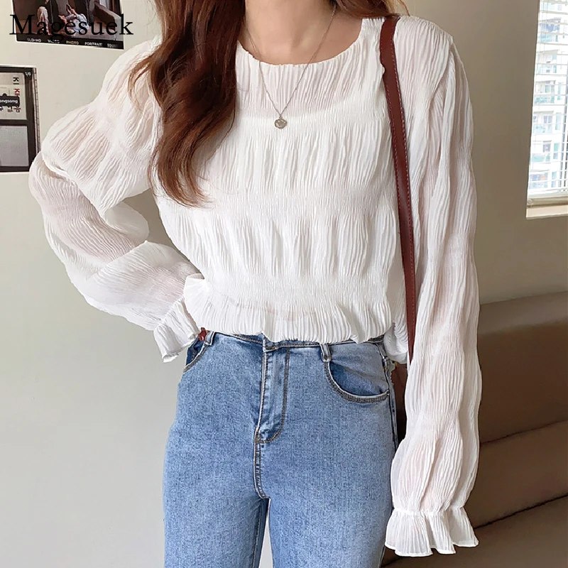 

Korean Chic Casual Tops Women Spring O-Neck Long Sleeve White Blouse Women 2021 Elegant Pleated Chiffon Shirt Blusas Mujer 14388