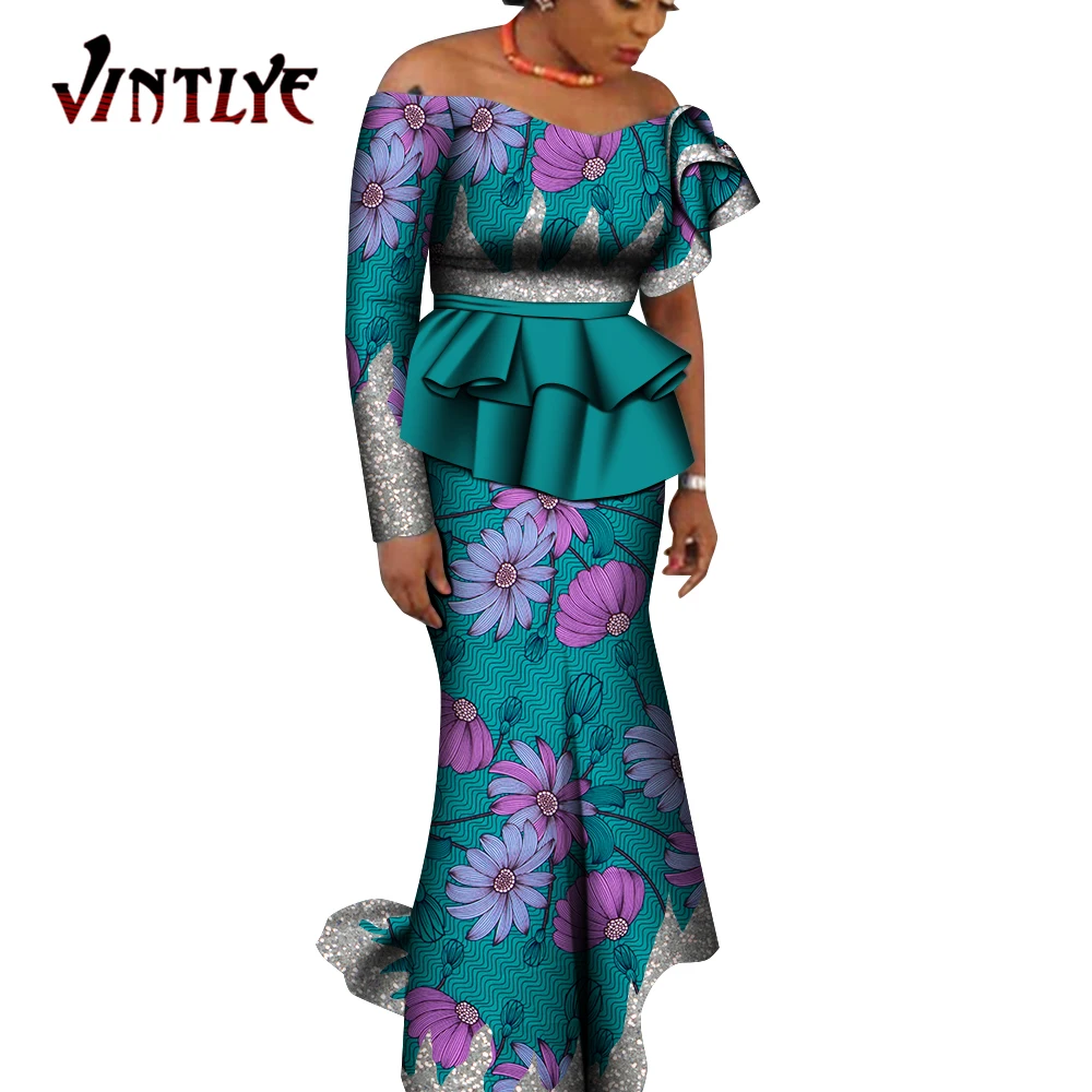 

2 Pcs Women Skirt and Top Set Ankara African Print Lady Clothes Elegant Strapless Top and Robe Skirt Dashiki Party Outfit WY9178