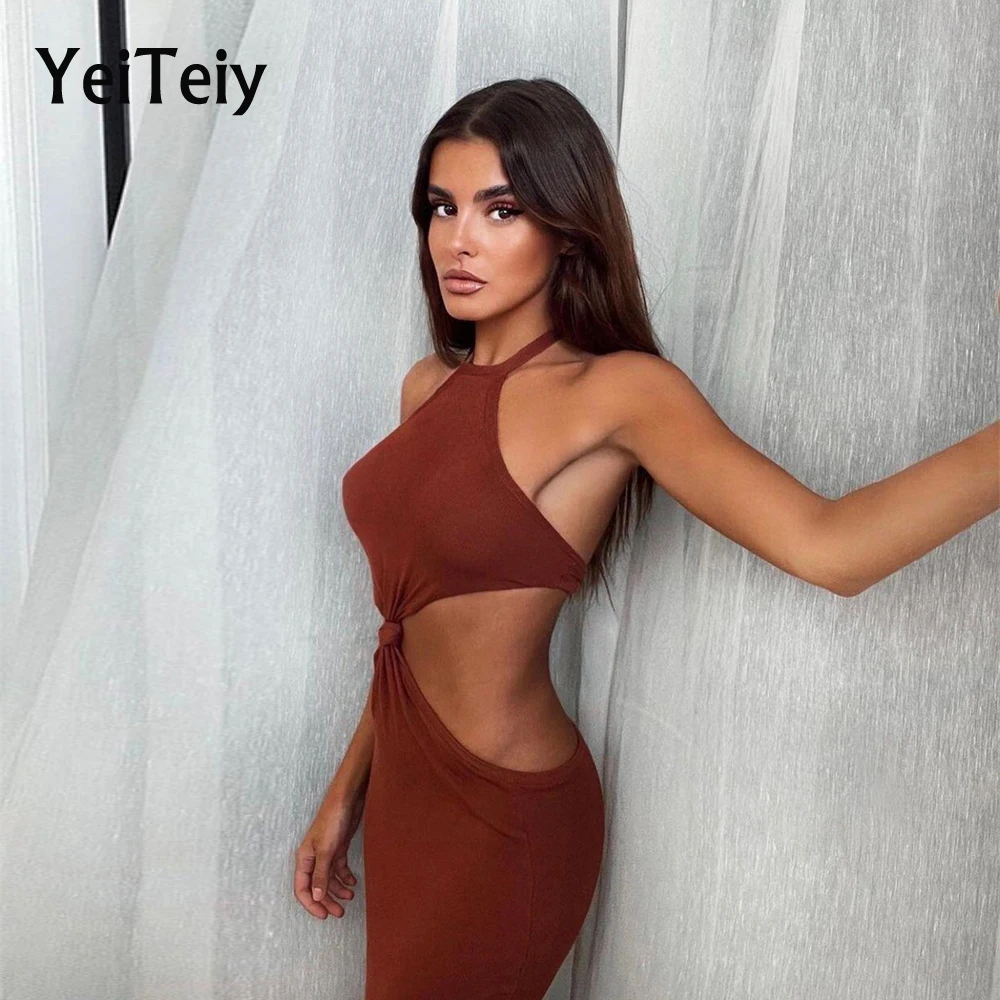 

Новинка 2021, женское платье Yeiteiy с лямкой на шее, тонкая однотонная простая юбка без талии, сексуальные платья до колена для свиданий
