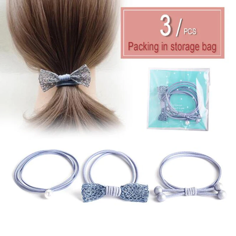 3 шт./компл. женские резинки для волос с бантом искусственные жемчугом синего
