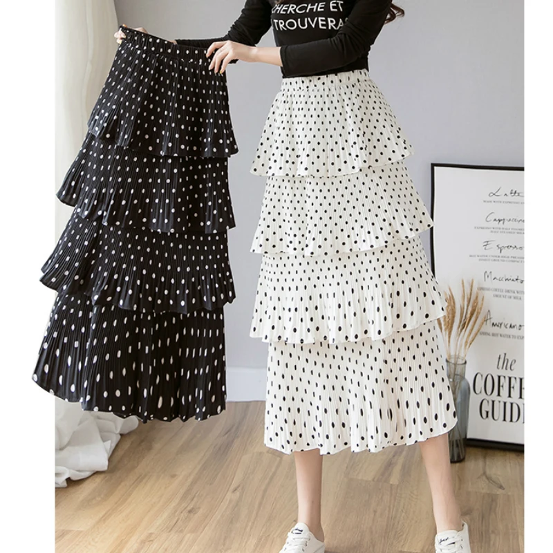 

Polka Dotted Pleated Cakee Long Skirt Women Four-Layered Ruffled Preppy A-line Long Skirts Black White