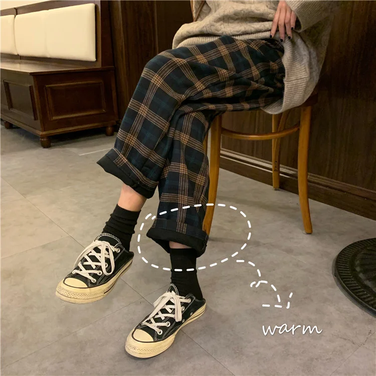 

Retro Plaid Woolen Pants Women's Autumn and Winter Lazy Style Loose Velvet Thickened Casual Pants Outer Wear Cool Girl Wear